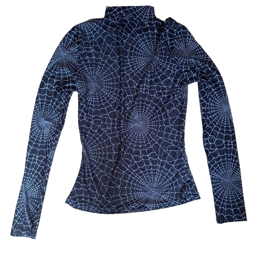 Women's Black Spiderweb Print Long Sleeve Top Mesh XS S